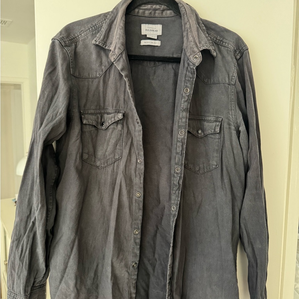 Pull&Bear Charcoal Denim Snap Western Shirt